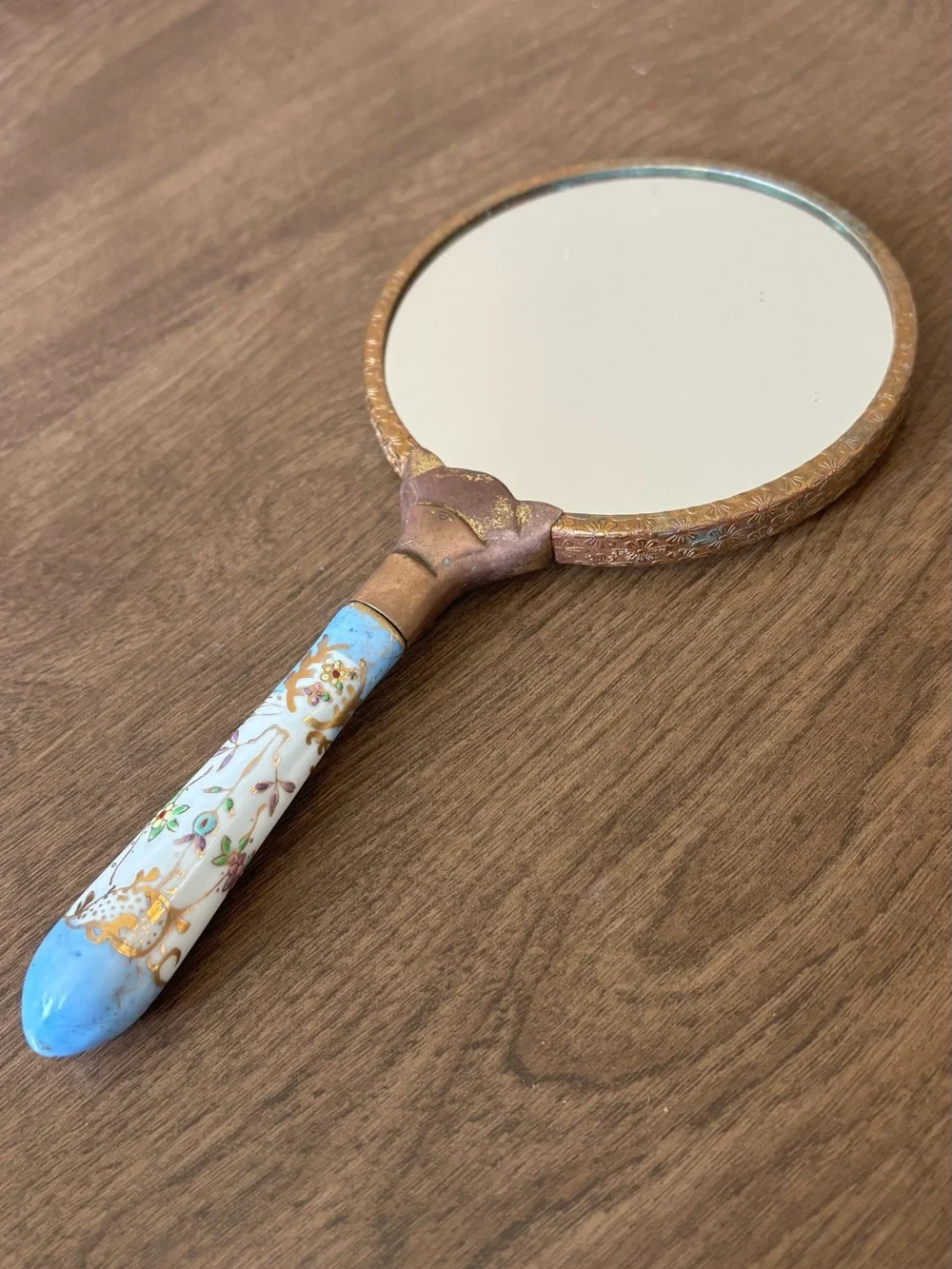 Vintage Hand Mirror with Blue Floral Porcelain Handle